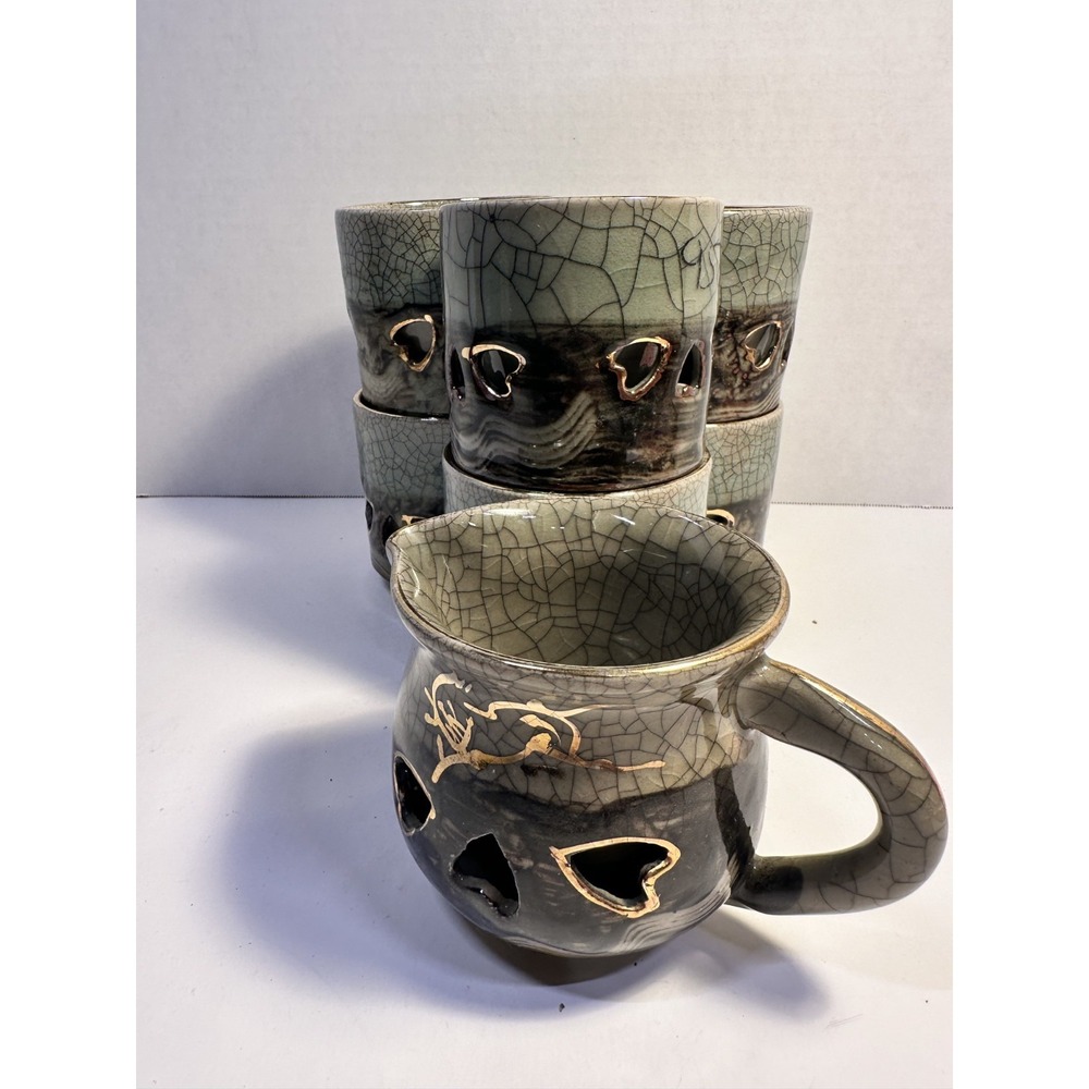 VTG set of 60s Japanese Obori Somayaki Double-walled Green Crackle Glaze